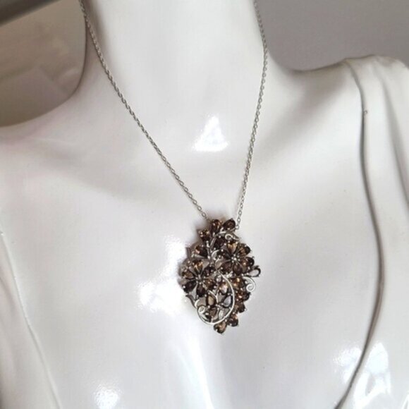 Vintage Sterling Silver Floral Filigree Smoky Quartz Crystal Pendant Necklace - Picture 4 of 16